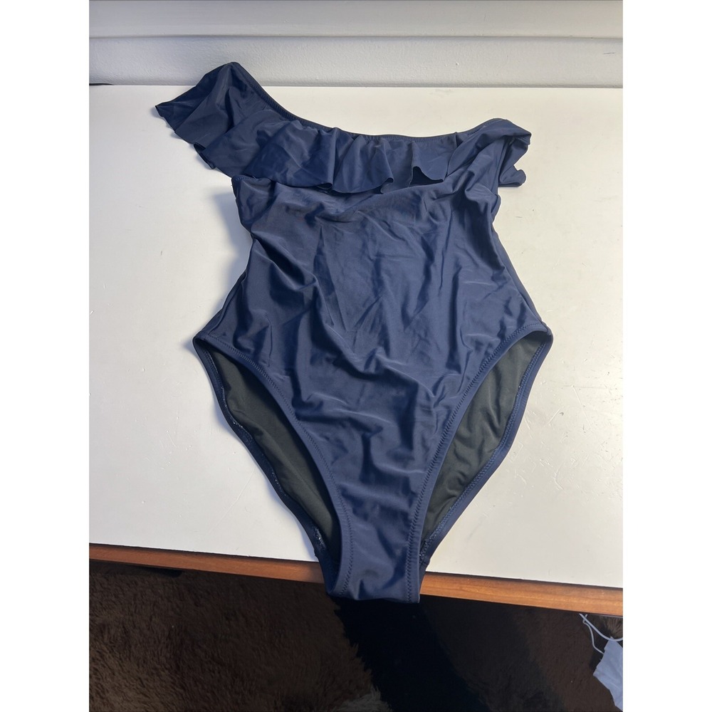 J. Crew Navy Blue One Shoulder Ruffle  One Piece Swim‎ Swimsuit Size M